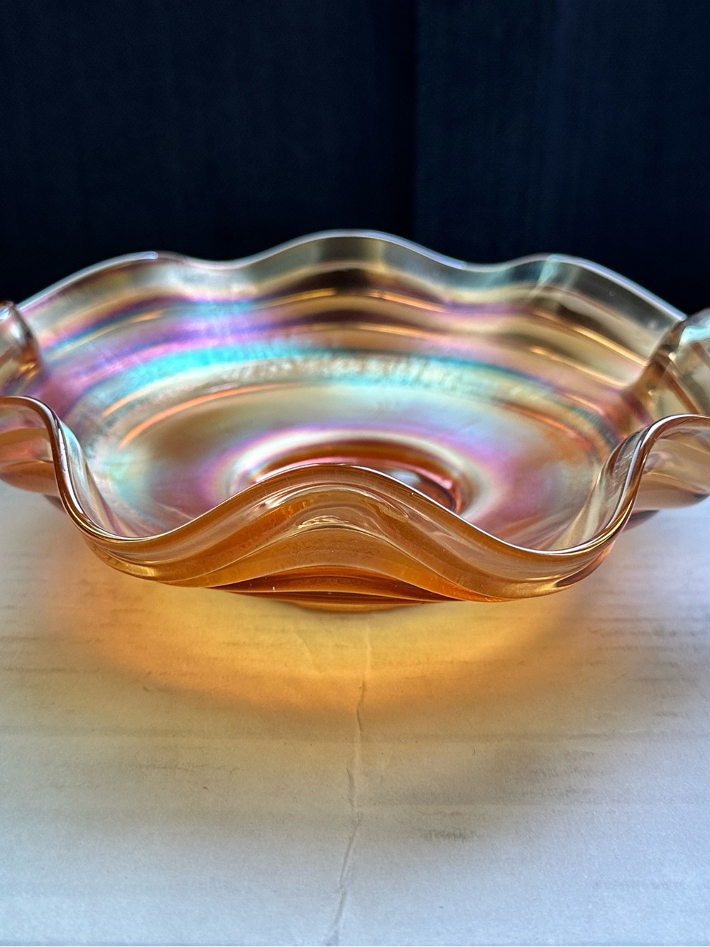 Vintage Marigold Iridescent Carnival Glass Wavy Swirl Bowl
